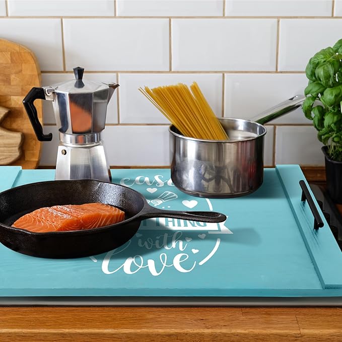 Spiareal Noodle Board Stove Wooden Cover with Handles 29.5 x 22 inche Stove Top Cutting Board Laminate Farmhouse Electric Stove Gas Cover Handmade for Kitchen Counter (Cute)
