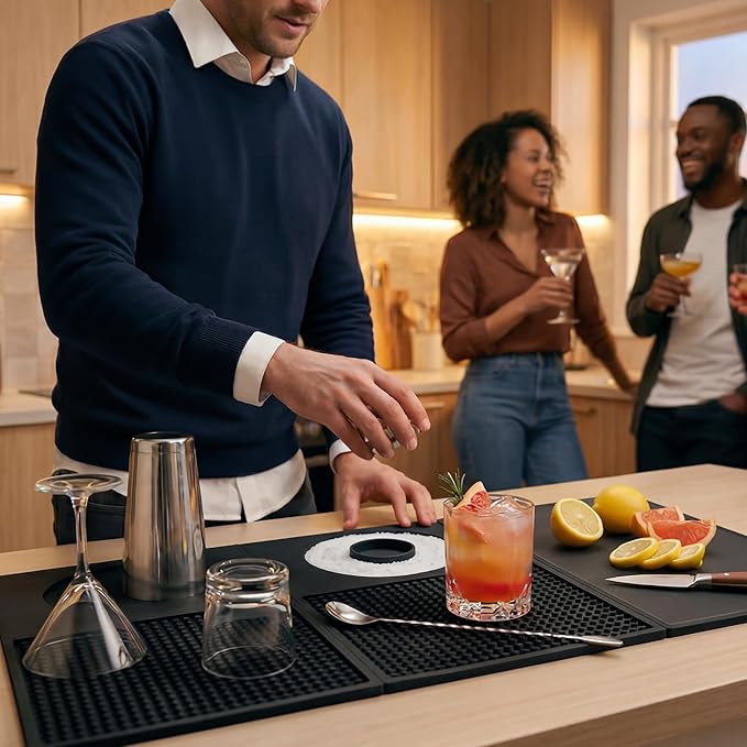 12'' x 22'' Silicone Cocktail Bar Mat for Bartending & Home Bar - Multifunctional Folding Drink Mat with Cutting Board - Portable Black Bar Countertop Accessories & Spill Mat(Black)