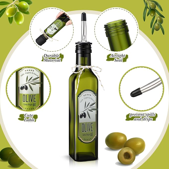 Honeydak 12 Sets 8 oz Glass Olive Oil Bottles Mini Empty Sauce Condiment Bottles with Pourers Sticker Glass Olive Oil Dispenser Vinegar Dispenser for Storing Wedding Baby Shower Gifts