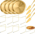 12 Pcs Pizza Pan Riser Stands Sets Includes 4 Metal Pizza Table Stands 4 Pizza Pan and 4 Wood Handle Pie Server, Pizza Rack Stand Pizza Tray for Pizza Dessert Cheese (Gold)