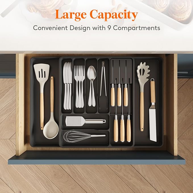Lifewit Silverware Organizer for Kitchen Drawers, Expandable Cooking Utensil Tray, Adjustable Cutlery and Flatware Holder, Plastic Spoon Forks Holder Storage Divider, Large