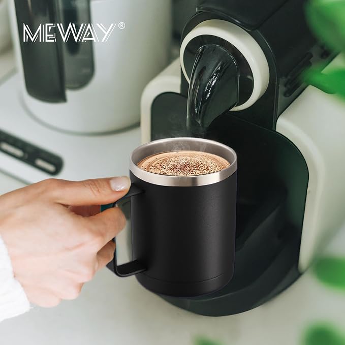 MEWAY 12oz Coffee Mug With Handle 4 Pack Bulk,Stainless Steel Insulated Travel Tumblers With Sliding Lid,Double Wall Vacuum Camping Cup for Hot & Cold Drinks Tea (Black,Set of 4)