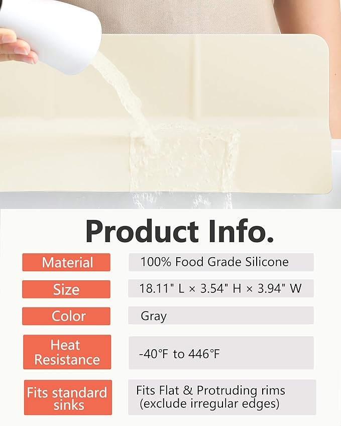 Kitchen Sink Splash Guard 18" 23" Self-Draining Silicone Water Guard with High Splash Wall & Strong Suction Cups for Faucet, Countertop & Sink Edge, Keeps Sinks Dry, Dishwasher Safe,Cream