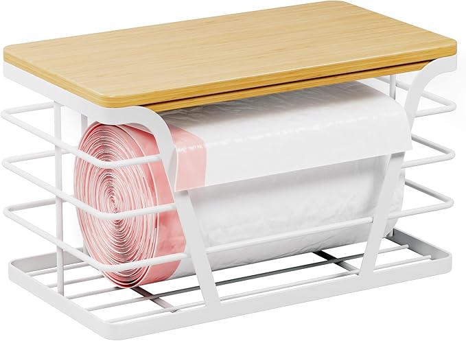 TIDIIABODE Small Grocery Bag Holder, Trash Bag Dispenser with Removable Bamboo Top, No Drill,White