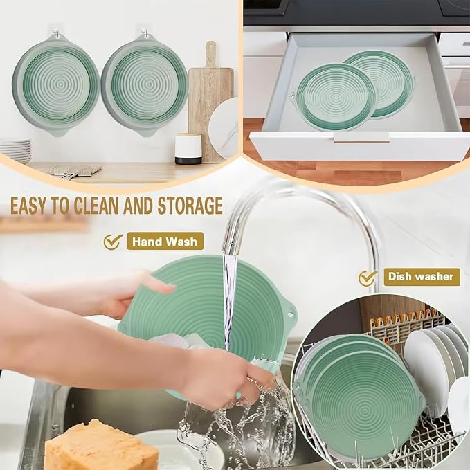 Upgraded 2 Pack Silicone Banneton Bread Proofing Baskets Set - Reinforced Rim Support & Dual Handles, Sourdough Starter Kit, 9 Inch Round Foldable Sourdough Baking Basket (Green, Green)