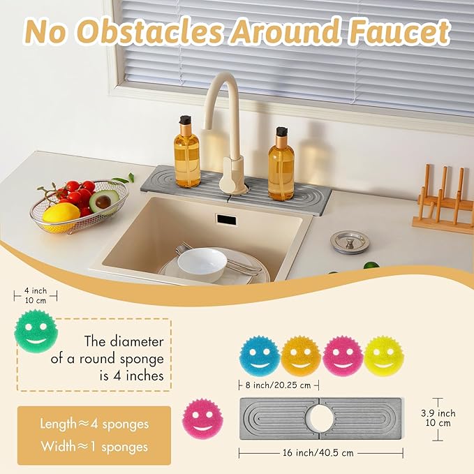 Diatomite Sink Protector for Kitchen, 16" Durable Faucet Mat Splash Guard, Super Absorbent Soap Drying Ttray Sponge Holder for Kitchen Bathroom Sink Accessories Gadgets, Gift for Sister, Light Gray