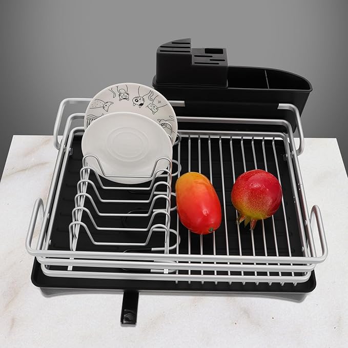 Garneck Multi-Function Aluminum Alloy Dish Draining Rack with Silver Frame and Black Base, Kitchen Storage Shelf for Dish Organization and Drying, Sink-Compatible Kitchen Organizer