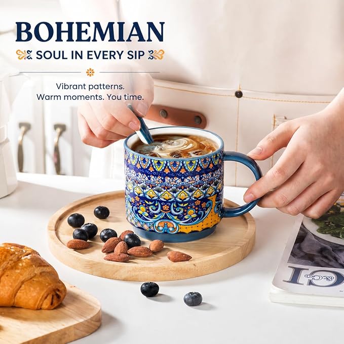 HENXFEN LEAD Coffee Mugs Set of 6, 12 oz Stackable Ceramic Coffee Cups with Large Handles, Boho Mug Set for Coffee, Tea & Hot Cocoa, Dishwasher & Microwave Safe