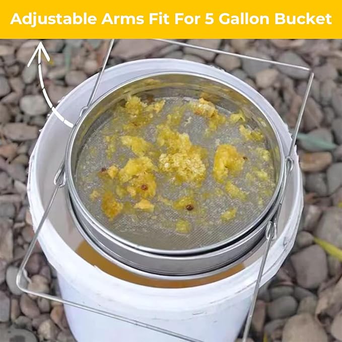 Stainless Steel Honey Strainer, Double Sieve for 5 Gallon Bucket, Beekeeping Equipment with Extendable Arms, Honey Debris Filter