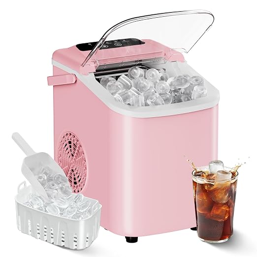 OLIXIS Countertop Ice Maker with Self-Cleaning, Portable Ice Maker Machine with Scoop, 26Lbs/24H, 9 Cubes in 6 Mins, 2 Sizes of Bullet for Home, Kitchen, Office, Pink