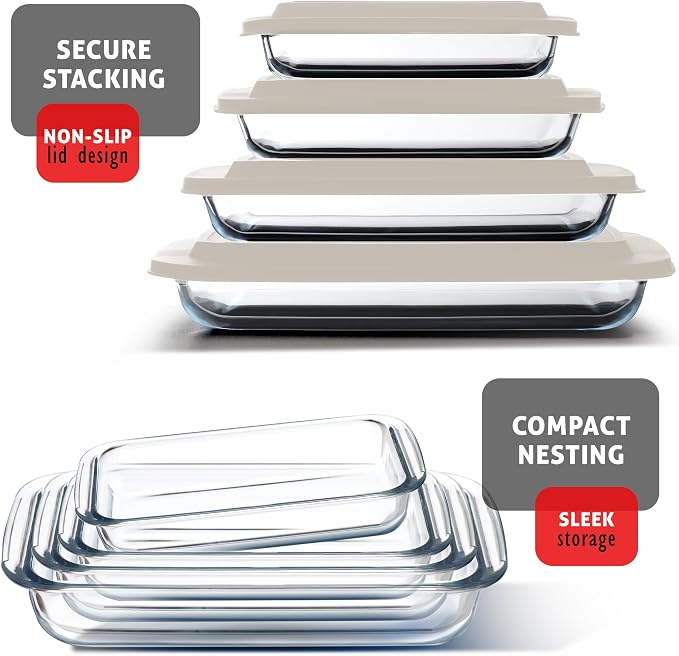 EATEX 8-Piece Deep Glass Casserole Dishes for Oven with Plastic lids, Rectangular Glass Baking Dish Set, Baking Pans for Lasagna, Leftovers, Cooking, Kitchen, Freezer-to-Oven and Dishwasher, Cream
