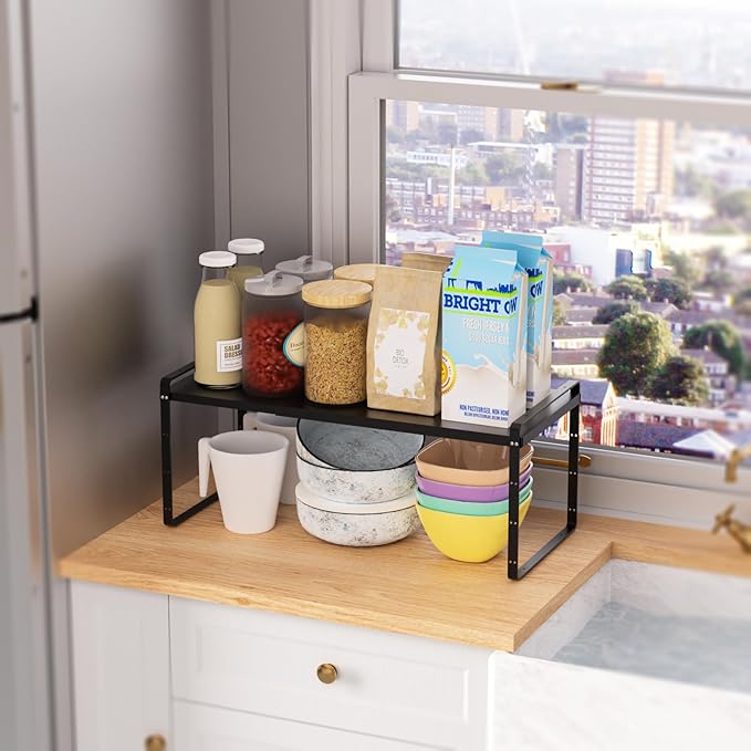 SANNO Expandable Kitchen Shelf Organizers, Stackable Cabinet Shelf Organizer Storage Rack, Countertop Organizer Kitchen Pantry Cupboard Pantry,Black, 10" W, 1 pack
