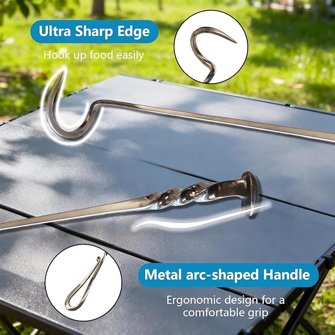 Meat Flipper, Grill Hooks for Turning, Heavy Duty Stainless Steel BBQ Turner Hooks with Long Handle for Flipping Ribs, Pork Shoulder, Roast on Smoker Grilling (Right Hand - A)