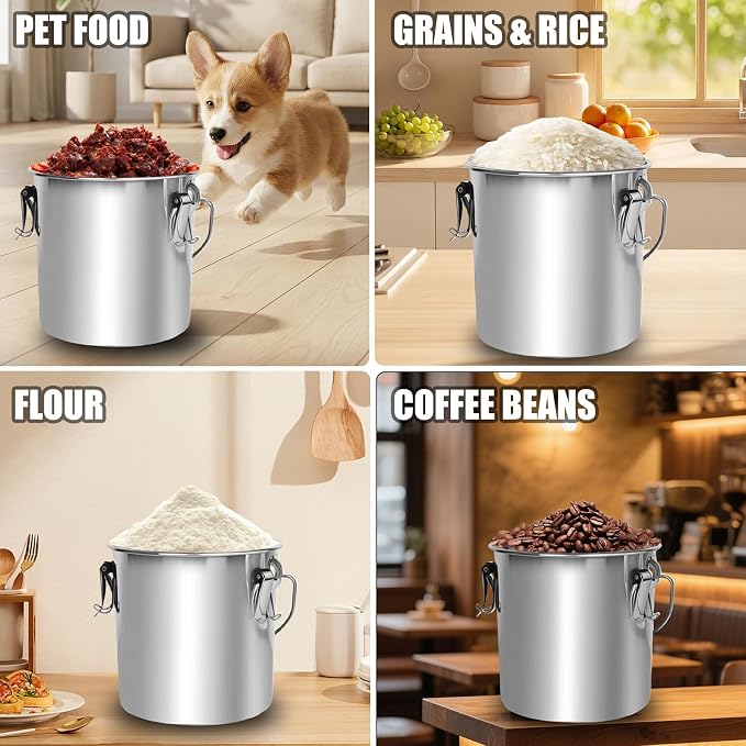 FULIYE 21L/5.6GAL and 34L/9GAL Stainless Steel Airtight Canister, Food Storage Canisters with Airtight Lid&Locking Clamp Rice Cereal Grain Canisters, Storager Bucket for Flour, Coffee Bean, Sugar