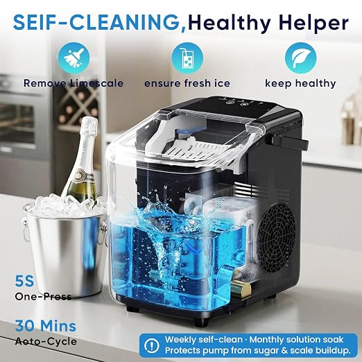 NEWBULIG Ice Maker, Countertop Ice Machine with Handle | 9 Bullet Cubes in 6-8 Mins, 26lbs Daily, Self-Cleaning with Basket and Scoop for Home/Kitchen/Camping/RV