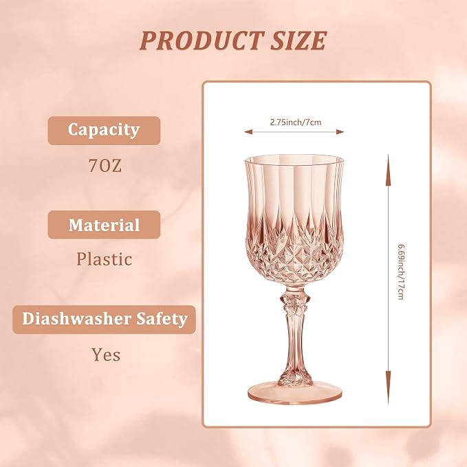 7OZ Plastic Wine Glasses, Reusable Vintage Goblets Unbreakable Drinking Glasses Crystal Water Cups Champagne for Wedding, Parties (12, Rose Gold)