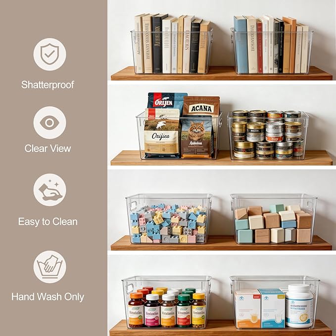 Hudgan Set of 4 Clear Plastic Storage Bins, 4 Large Storage Containers for Pantry Organizers, Home Edit, Kitchen Cabinet, Refrigerator, Under Sink Organization, Bathroom, Office