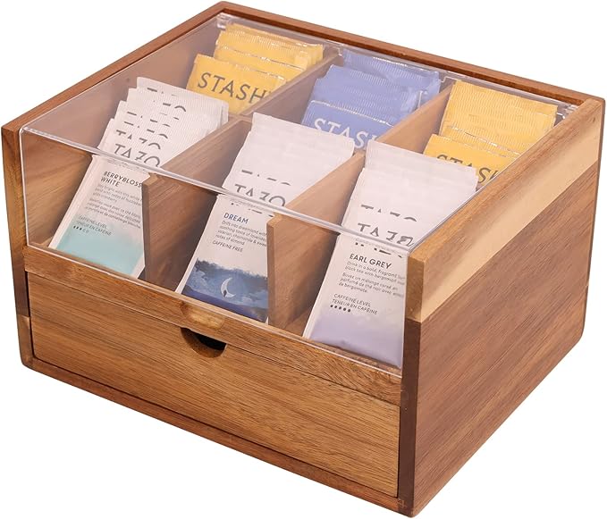 HTB Large Tea Organizer 2 Tier with Drawer, Tea Bag Organizer with Acrylic Transparent Hinged Lid, 9 Compartments Wooden Tea Bag Holder for Home, Office, Tea Parties