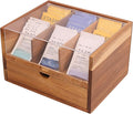 HTB Large Tea Organizer 2 Tier with Drawer, Tea Bag Organizer with Acrylic Transparent Hinged Lid, 9 Compartments Wooden Tea Bag Holder for Home, Office, Tea Parties