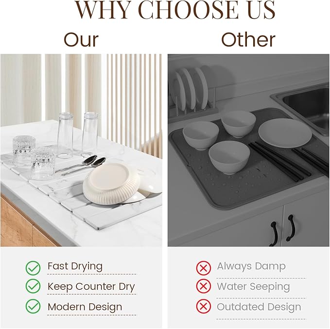 Large Stone Dish Drying Mats for Kitchen Counter 24"(L)×16"(W) Foldable Quick Dry Stone Dish Drying Mats Kitchen Absorbent Diatomaceous Earth Drying Stone Mat for Dishes Bottles Cups Marble White