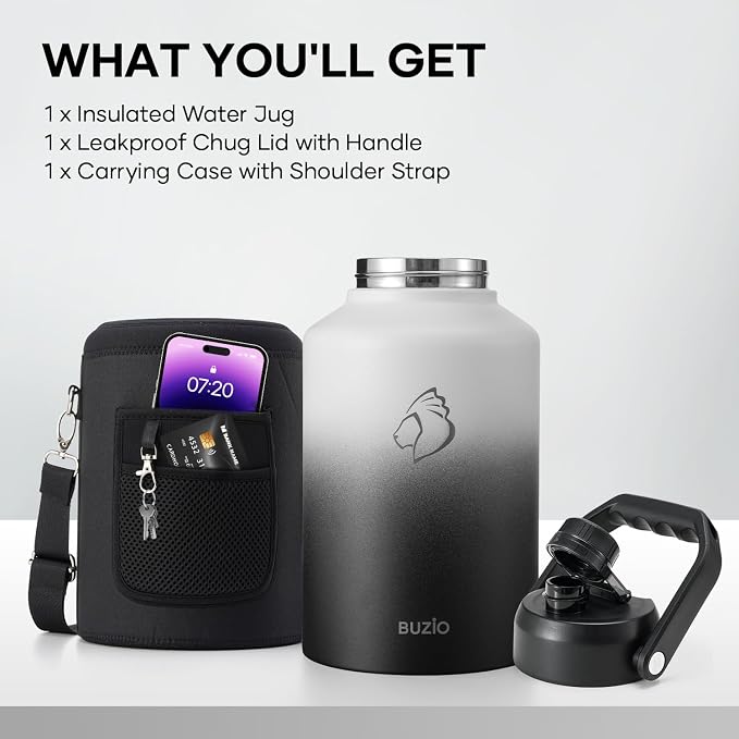BUZIO 1 Gallon Water Jug Insulated, Stainless Steel Bottle With Large Handle & Spout Lid, 3.58" Big Wide Mouth BPA-Free Leakproof Metal Water Flask For Camping, Adventure, Sports, White & Black