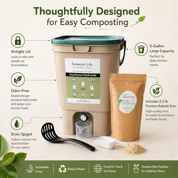 Indoor Bokashi Composter Starter Kit- Beige, 2.2 lb Premium Bokashi Bran Included, Easliy Turn Your Kitchen Wastes into Nutrition for Your Garden Soil