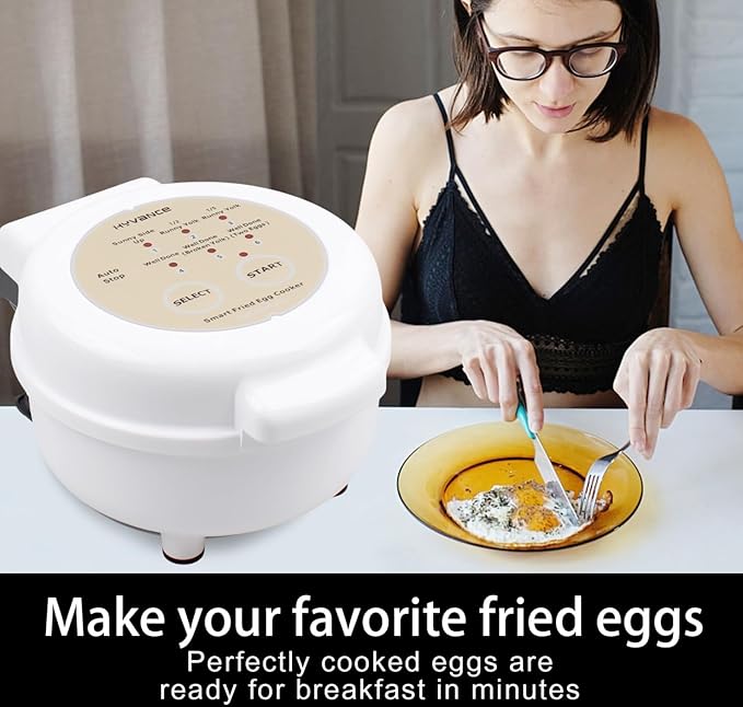 Hyvance Smart Fried Egg Cooker, Automatic Fried Egg Maker for 6 Features like Sunny Side Up, Over Easy, Fully Cooked & More. Auto Power Off, Alarm, Round Shape, Non Stick Coating (White)
