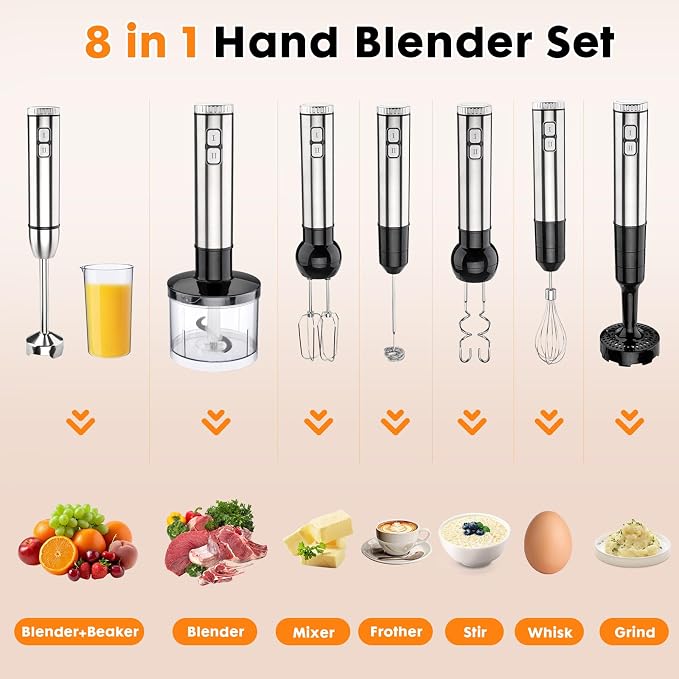 Immersion Blender Handheld Cordless 8 in 1 Hand Held Blenders Mixer Stainless Steel 25 Speed Turbo Mode Electric Sitck Beaker Chopper Milk Frother Grinder