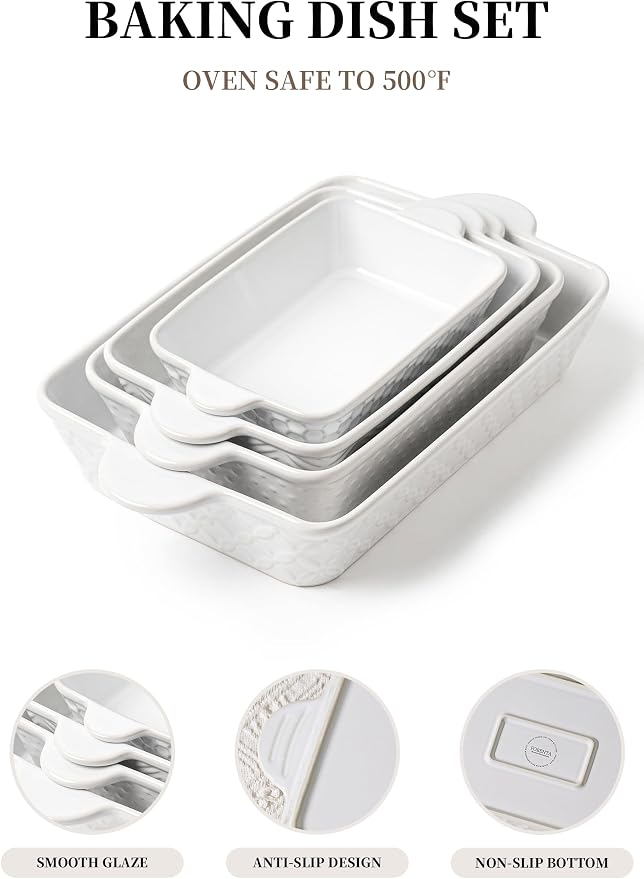 FOBENTA Casserole Dishes for Oven - Ceramic Bakeware Sets of 4, Rectangular Baking Deep Dishes with Handles, Lasagna Pans for Kitchen Cooking & Wedding Gift, Embossed