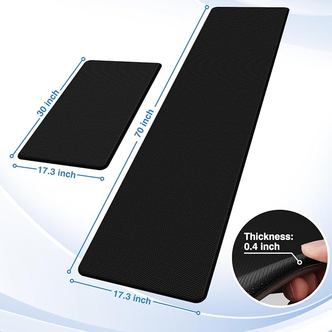 StepRite Kitchen Mats, 2PCS Kitchen Rugs, Cushioned Anti Fatigue Kitchen Mats for Floor, Non-Slip Standing Desk Mat, Waterproof Kitchen Rug Set for Kitchen, Floor, Office, 17.3"x30"+17.3"x70", Black
