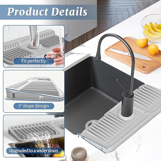 PoYang 14.6 inch Faucet Mat for Kitchen Sink Splash Guard, 7° Slope Silicone Sink Water Splash Guard for Kitchen Sink Area with Snap, Long Sink Protectors for kitchen Sink Sponge Holder, Light Grey