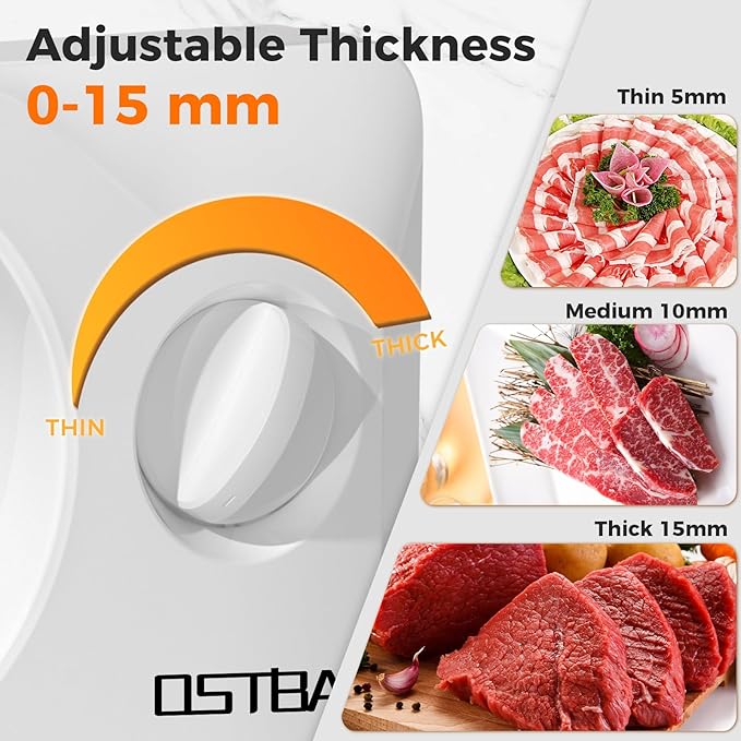 OSTBA Foldable Electric Food Slicer, Adjustable Thickness 0–15mm, 6.7” Stainless Steel Blade, 150W Motor, Portable & Easy-to-Clean Meat, Cheese, Bread, and Vegetable Slicer for Home Kitchen, White