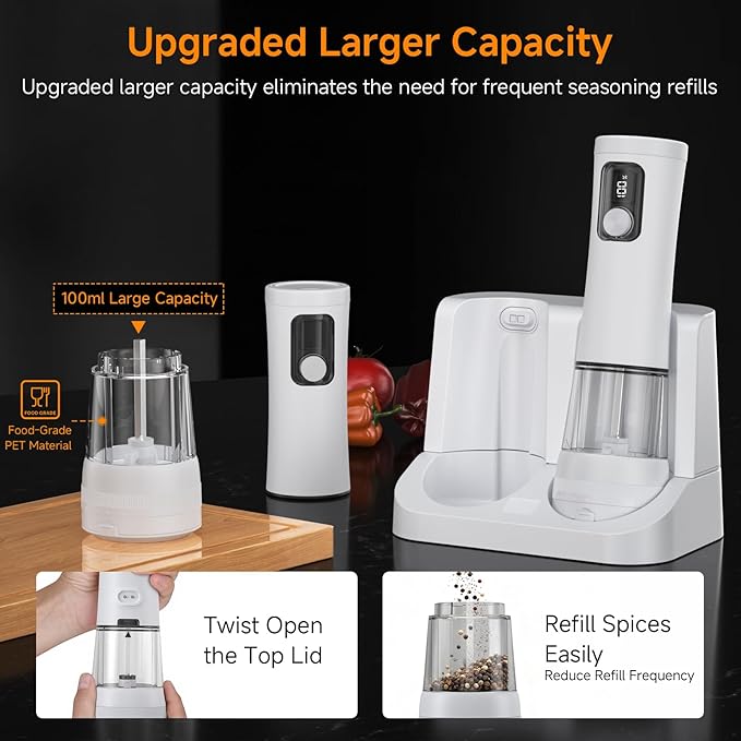 Electric Salt and Pepper Grinder Set,2 Pack Rechargeable Automatic Pepper Mill,with Charging Base,5 Level,Display,LED Lighting,Large Capacity,Kitchen Gift (2, White, Charging Base)