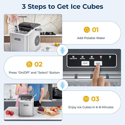 Ice Makers Countertop with Handle, 9 Ice Cubes in 6 Mins, 26.5Lbs/24H, 2 Sizes of Bullet Ice, Portable Ice Maker Machine with Self-Cleaning, for Home Kitchen Party RV Camping, Stainless Steel Silver