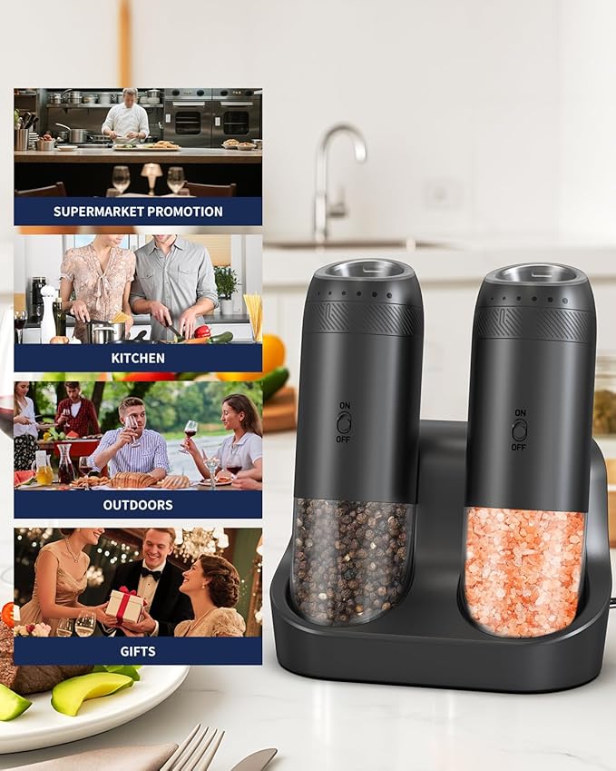 CIRCLE JOY Rechargeable Salt and Pepper Grinder Set, Gravity Sensor Electric Salt and Pepper Grinder Set with External Adjustment, 176ml Capacity and One-handed Operation, Black