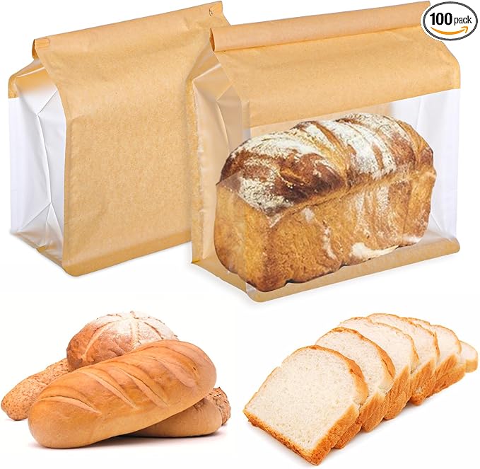 100 Pcs Heavy Duty Large Paper Bread Bags with Tin Tie Tab Lock, Loaf Bag with Clear Front Window, Storage Packaging Treat Bag for Bakery Cafe Homemade Bread 11.2” × 4.3” × 8.7”