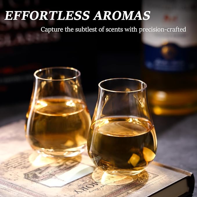 comfit Whiskey, Scotch, Bourbon Tasting Glasses - Set of 6 - Professional 4.5 oz Stemless Tulip Shaped Tasting and Nosing Copitas - Small Crystal Snifters Glasses Gifts