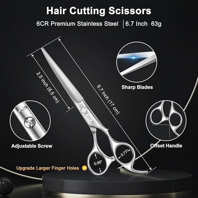 CIICII Hair Cutting Scissors Shears Kit, Professional Barber Haircut Scissors Set (6.7 Inch Hair Beard Hairdressing Trimming Haircutting Thinning Shears) for Men Women Hairdresser Home Salon (Silver)