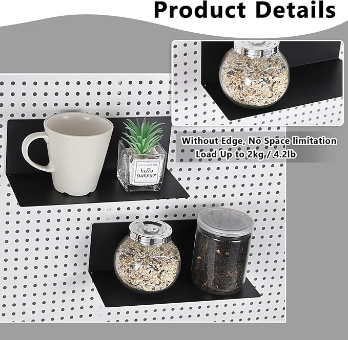 Kokone 6 Pack Magnetic Pegboard Shelves for Storing or Displaying, 10x4.3 Inch Flat Display Shelves for Pegboard, Wall Pegboard Shelves Accessories Steel Tray for Garage Workshop Craft Room Organizer