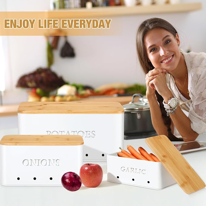 Honeydak 3 PCS White Potato Onion Garlic Storage Bins Set, Metal Vegetable Keeper Containers with Lids Aerating Holes for Kitchen Counter Pantry Keep Fresh Longer Farmhouse for Sweet-potato Fruit
