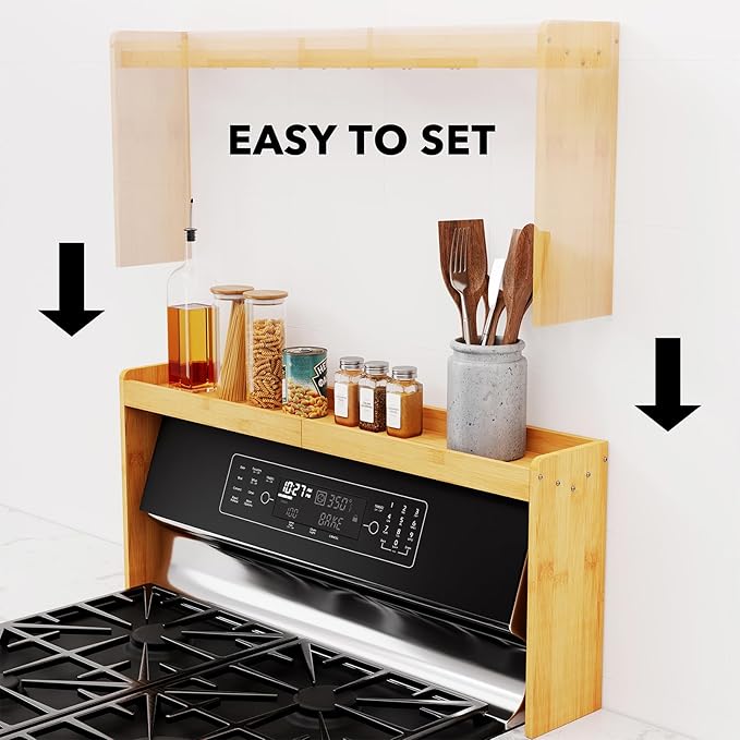 SpaceAid Bamboo Over the Stove Spice Holder Shelf, 31.5" Kitchen Organizer Stove Spice Top Rack, 11.6" Height Countertop Storage, Over Oven Back Sink Organization Shelf, Natural