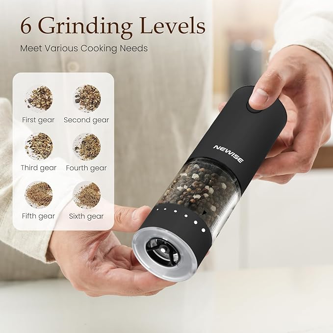 Newise Electric Salt & Pepper Grinder Set, Rechargeable with LED Light & External Coarseness Adjustment, Kitchen Gadgets for Mom Home Cooks & Families - Black