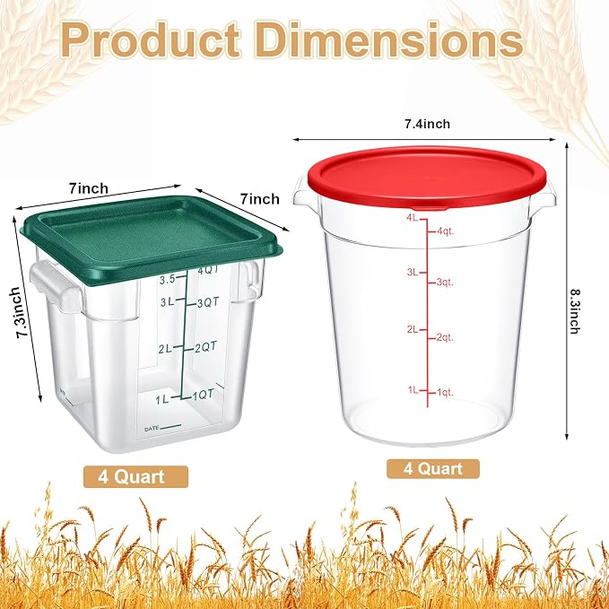 Blushtier 4 Pcs Food Storage Container with Lids Set 4 Qt Square and Round Clear PC Commercial Containers with Scale Handle for Home Restaurant Kitchen Food Storage, Dough Rise, Flour(Green and Red)