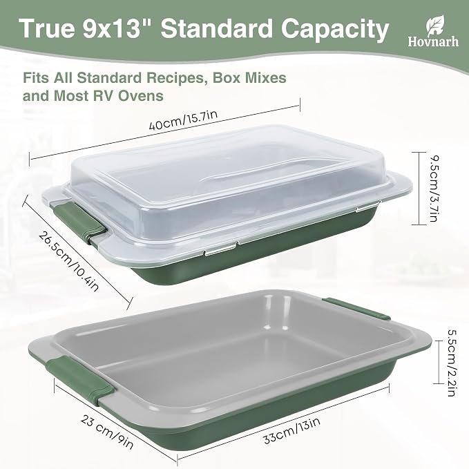 9x13 Baking Pan with Lid, Deep 13x9 Covered Cake Pan, Nonstick with Silicone Handles, Warp-Resistant Green Baking Pan for Storage, Transport, Potlucks & Meal Prep