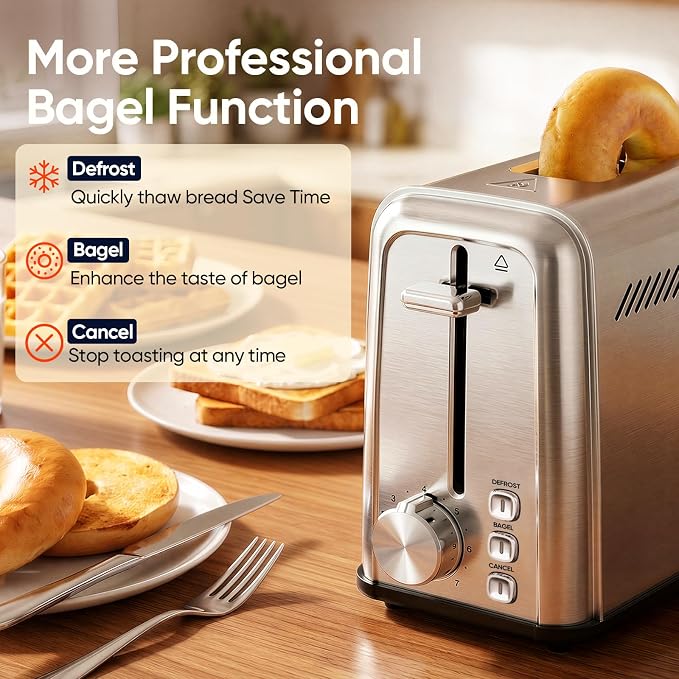 Seehot® Slim Long Slot Stainless Steel Toaster, Toaster 2 Slice Wide Slot with 10.24 x 1.5 in Slot, Bagel Defrost Cancel, 7 Shades, Crumb Tray