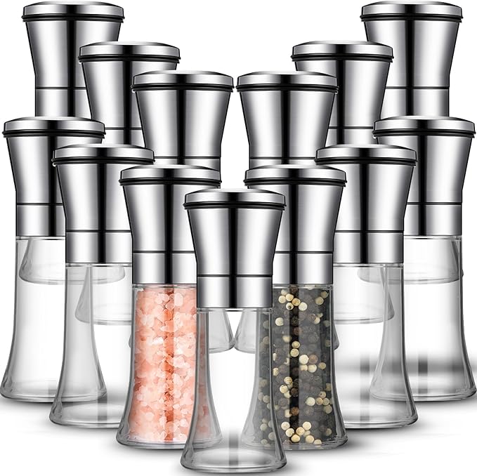 Nuenen 12 Pcs Salt and Pepper Grinder Set 3.5 oz Stainless Steel Manual Mills for Whole Peppercorns Rock Salt Plastics Professional Grinder, Adjustable Coarseness,lightweight and Not Fragile