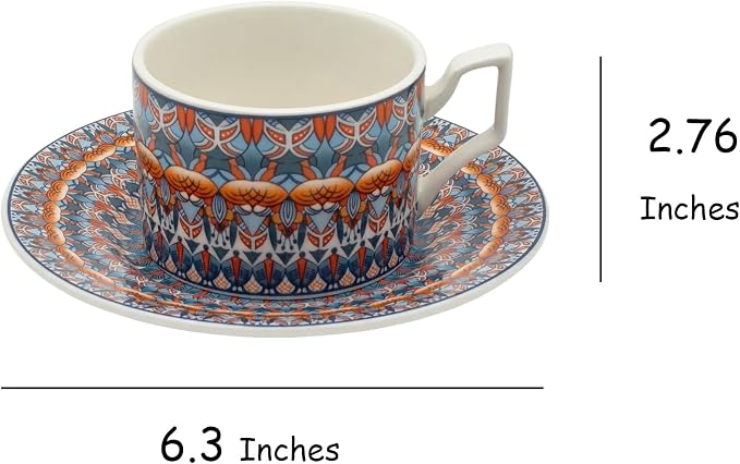 Snailhouse Cappuccino Cup and Saucer Set, 8.8 OZ Ceramic Bohemian Latte Coffee Espresso Tea Art Cup Mug for Kitchen or Cafe, Dishwasher and Microwave Safe