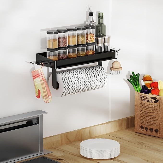 YIGII Wall Mount Paper Towel Holder with Phone Stand, Garage Papertowel Holder with Shelf and 4 Extended Hooks, Heavy Duty Stainless Steel Paper Towel Rack for Garage & Tool Room, Black