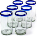 18 oz Hand Blown Mexican Drinking Glasses - Set of 6 tumblers, 18 fl oz each, Cobalt-Blue Rim
