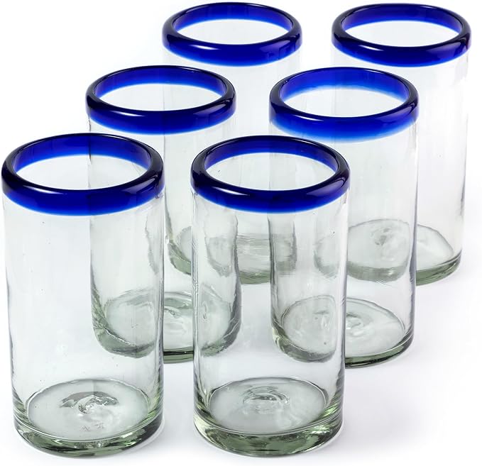 18 oz Hand Blown Mexican Drinking Glasses - Set of 6 tumblers, 18 fl oz each, Cobalt-Blue Rim
